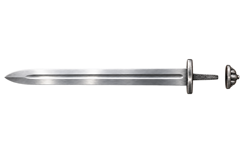 Partial short tang sword shown without grip, tapered tang stopping well short of the separate pommel