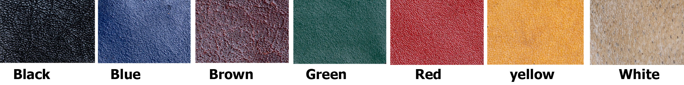 Everest Forge scabbard leather colour options: black, brown, blue, red, green, yellow, natural red and natural white shown as a strip