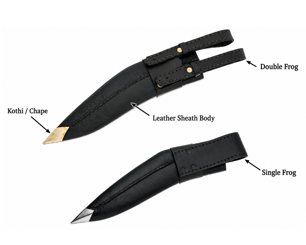 Single frog and double frog khukuri scabbards compared, showing one belt strap against two, with the kothi metal chape at the tip of each leather sheath body