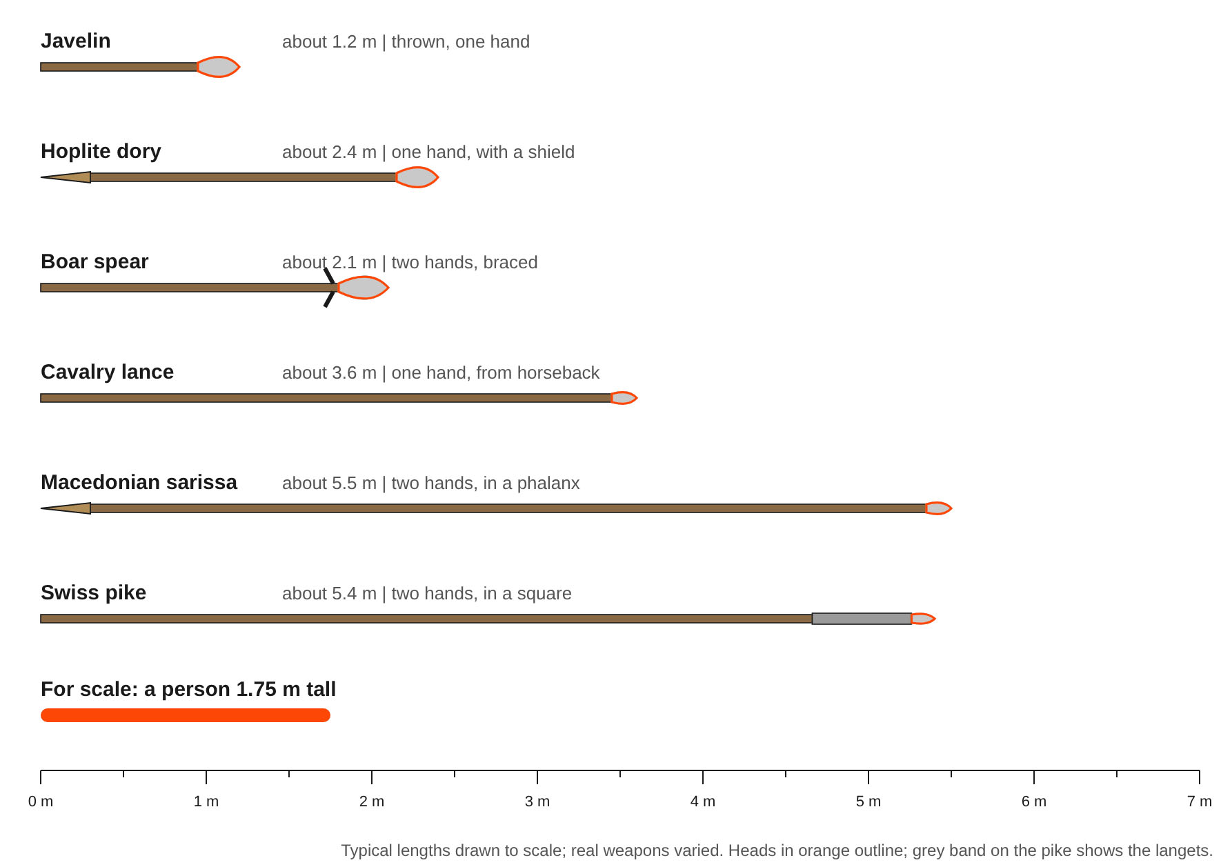 Spears and pikes drawn to the same scale, from the javelin and hoplite dory to the Macedonian sarissa and Swiss pike, against a person 1.75 m tall